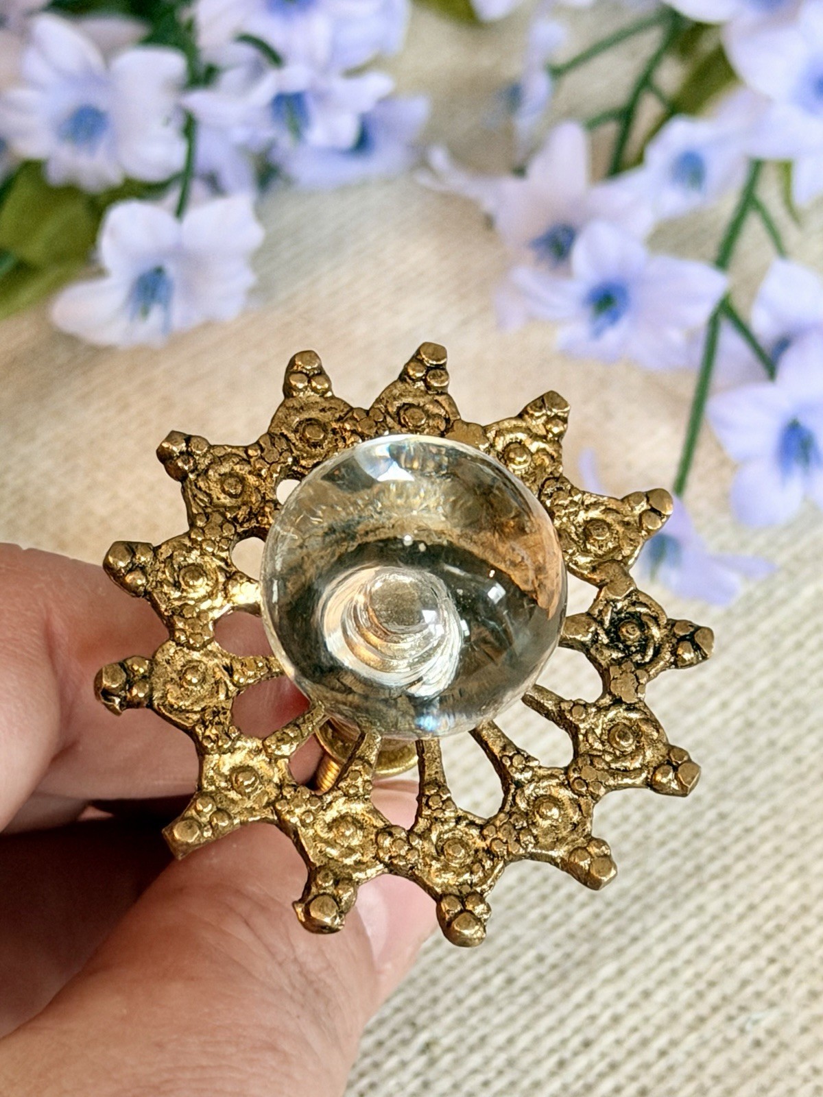 1 Antique Gold Clear Glass Ball Knob Drawer Pull Handle Cabinet Starburst Knob