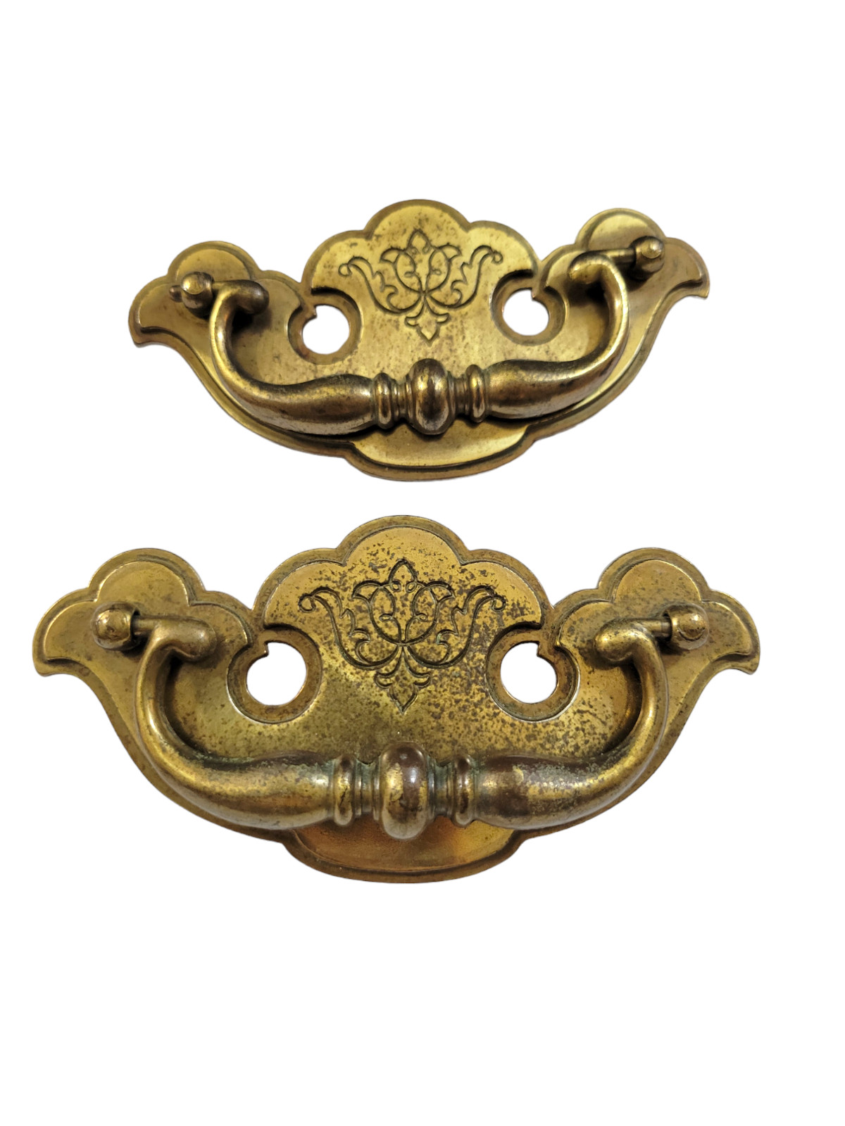 2 Keeler Brass Chippendale Style Brass Bail Drop Drawer Pulls Patina Worn As Is
