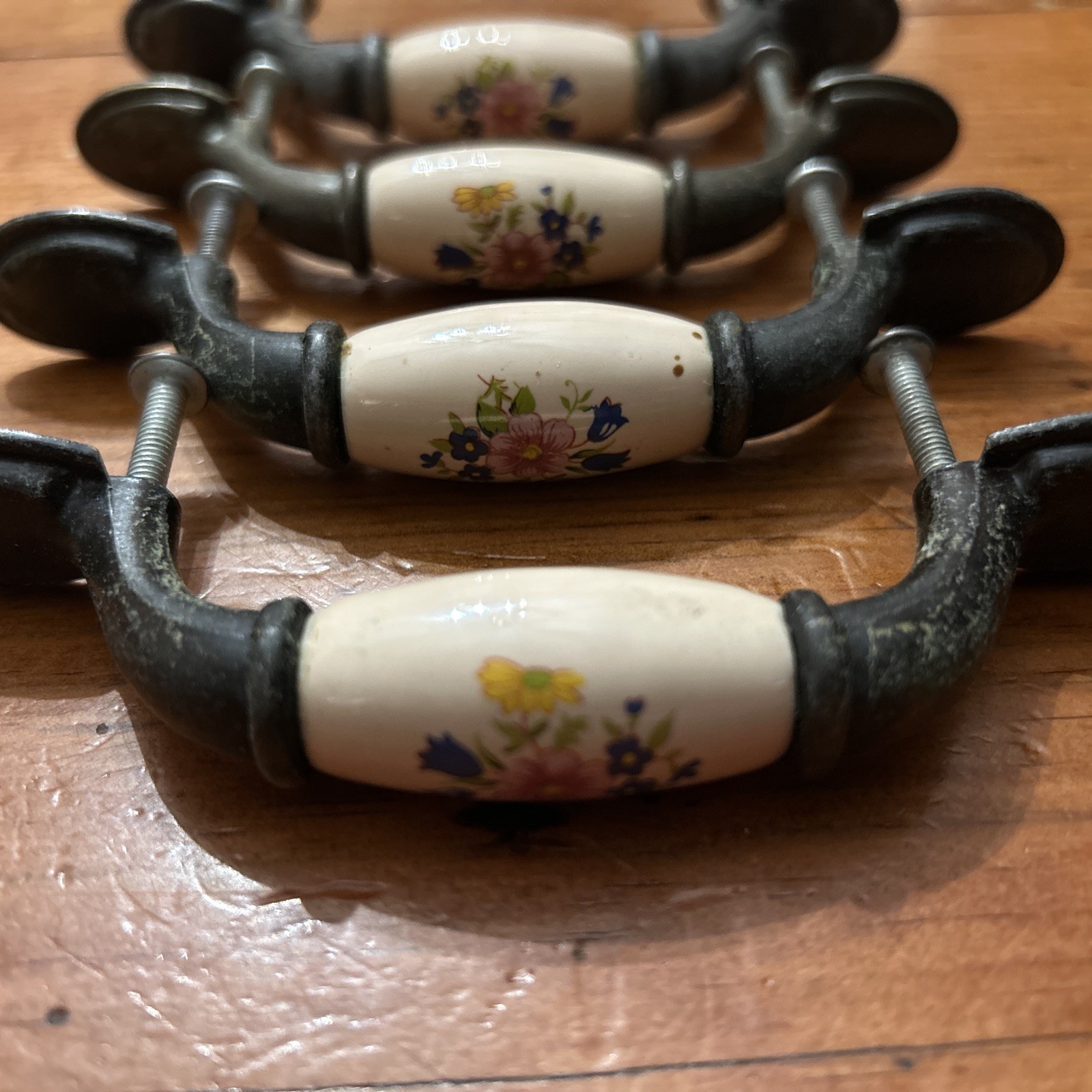 Lot of 4 Brass & Ceramic Floral Cabinet Dresser Drawer Pull Handle Knobs used