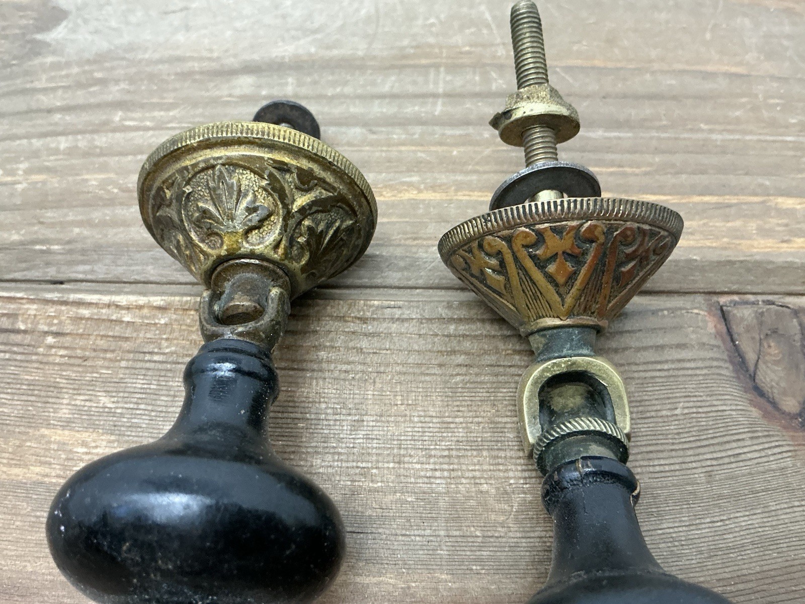 2 Antique Drop Drawer Pulls, Parts Brass Black Wood Teardrop Victorian/Edwardian