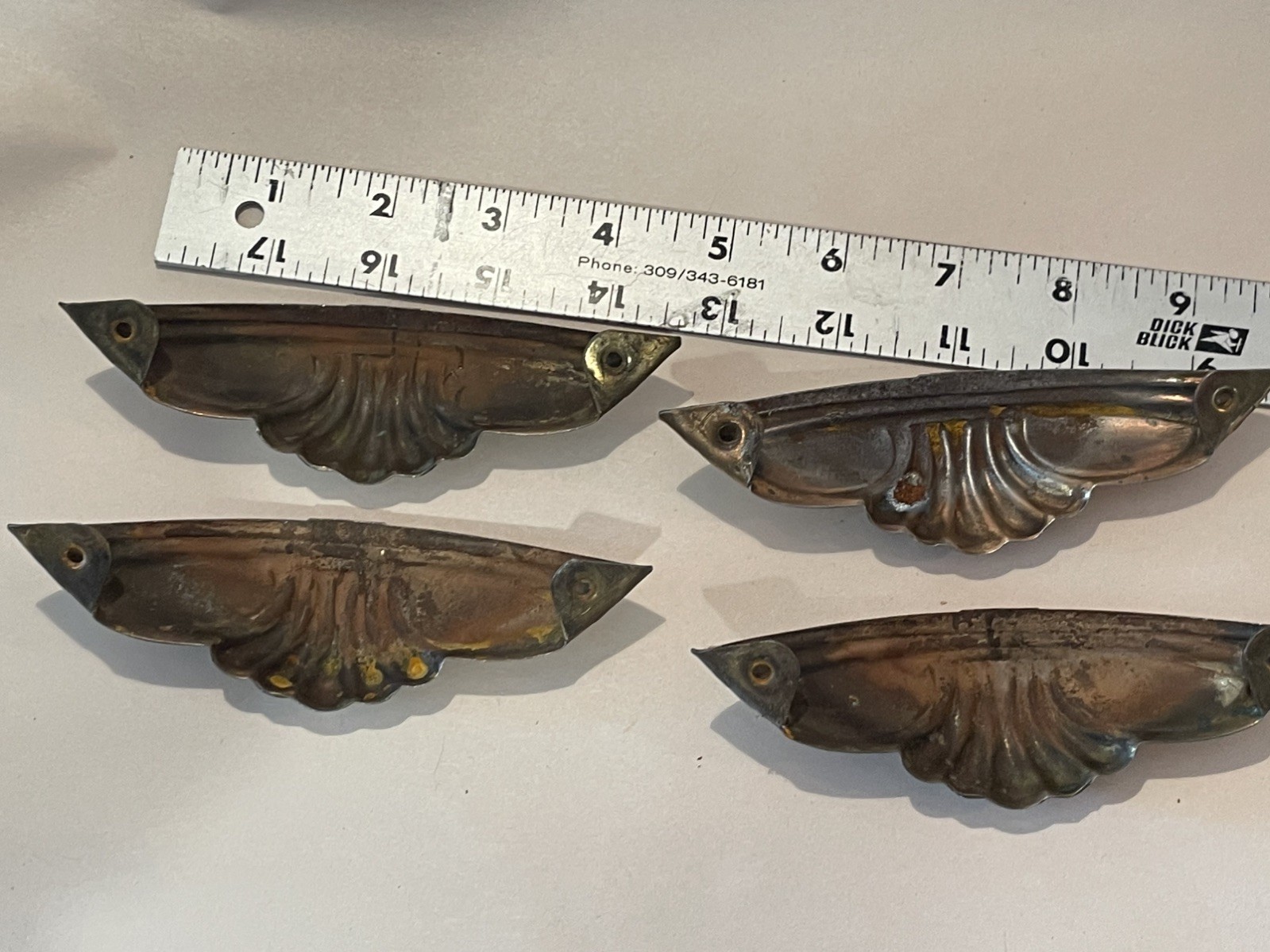 Vintage Art Deco FOUR Drawer Pull Handles Gold Tone Stamped Steel 1925-1940