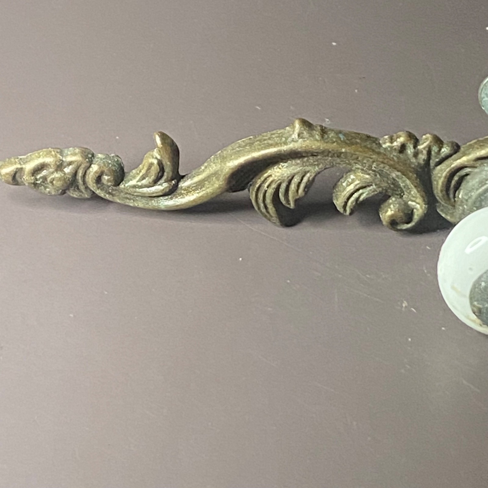 Vintage Metal And Porcelain Knob Ornate Drawer Pull