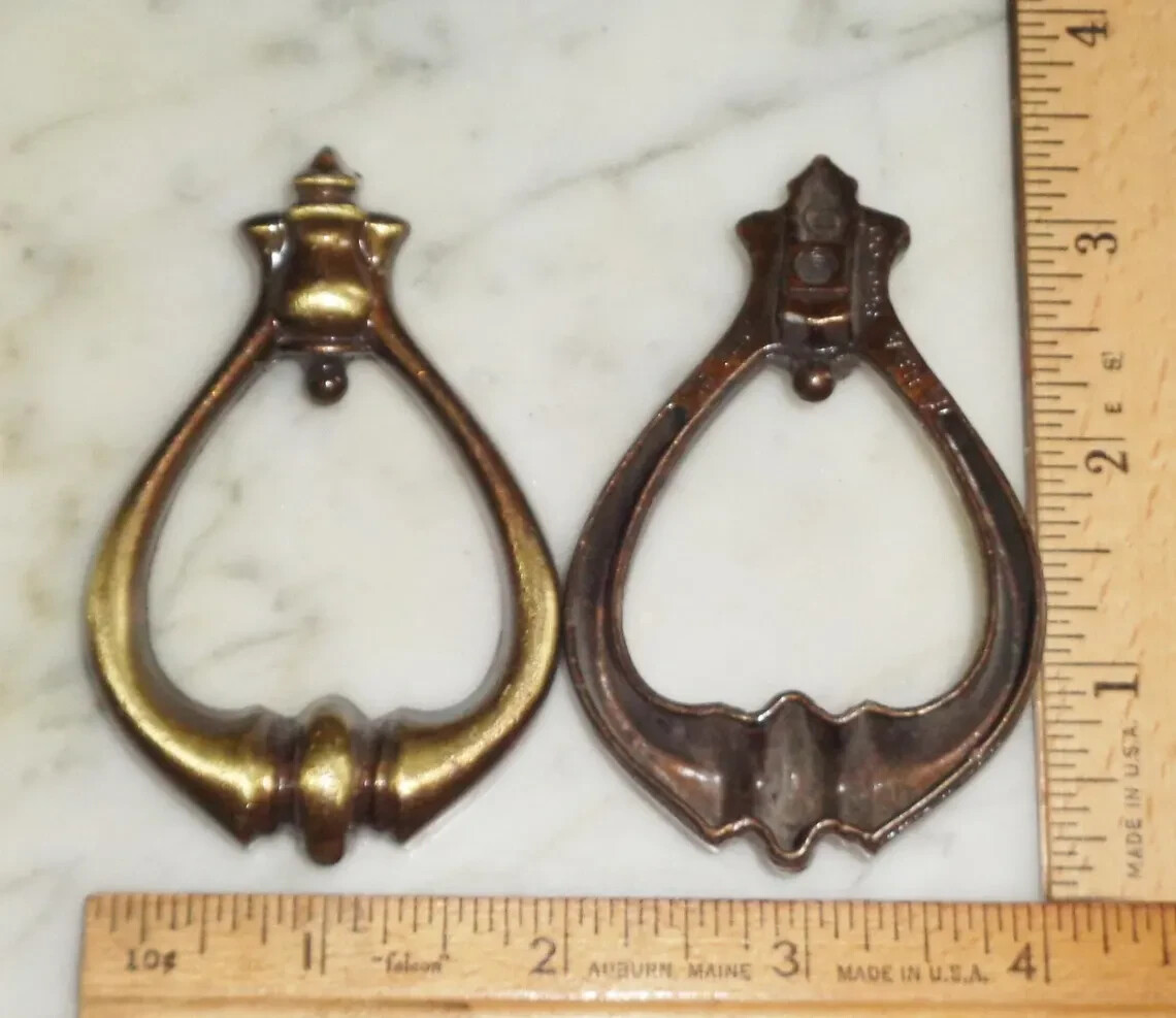 2 Ajax #860 Cabinet Drawer Pull Drop Ring Knob Handles – 3″ Tall Vintage