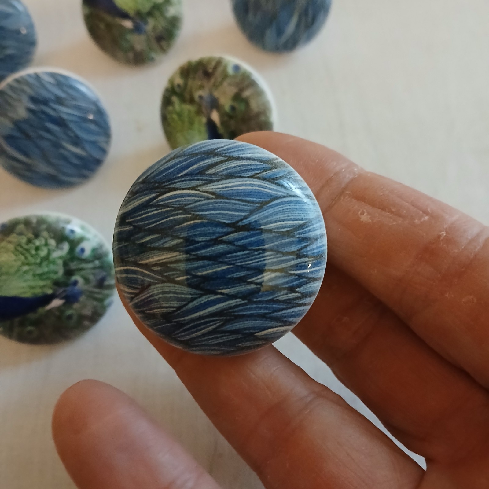 lot of 7 Vintage porcelain drawer Pulls Knobs Country MCM Peacock Waves 1 1/2″