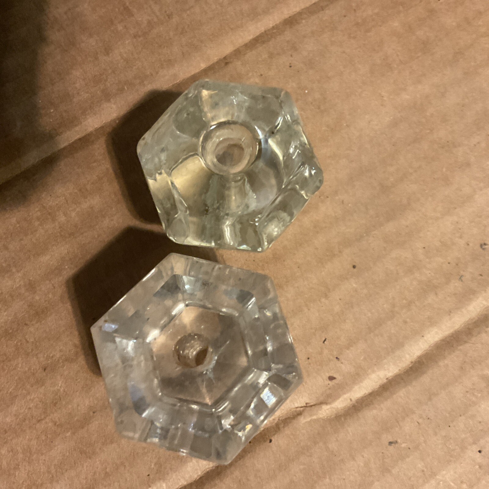2 Antique Vintage Clear Glass Hexagon 6 sided 1.25″ x 1 .25″ Drawer Cabinet Knob