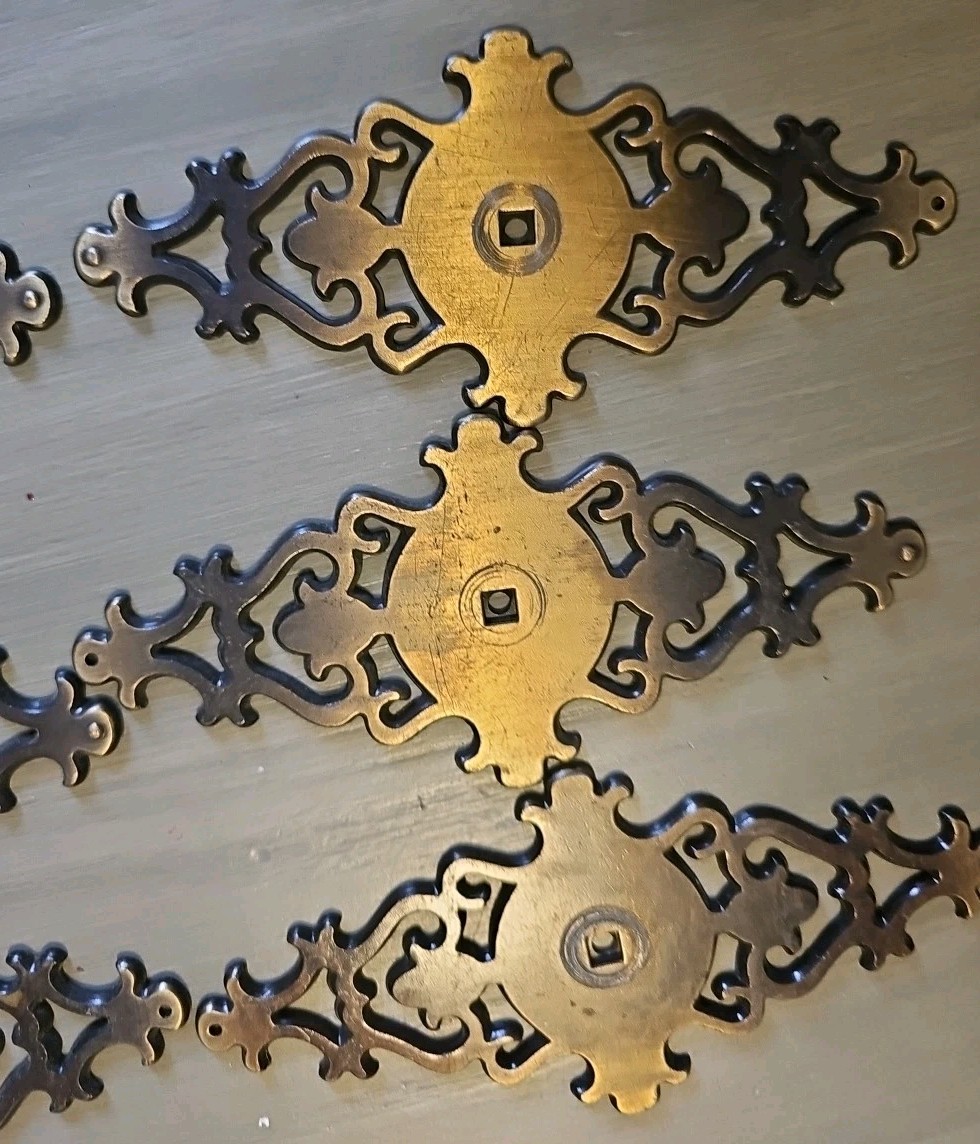6-VINTAGE Amerock DRAWER PULLS Back Plate Brass Holes Scrolls