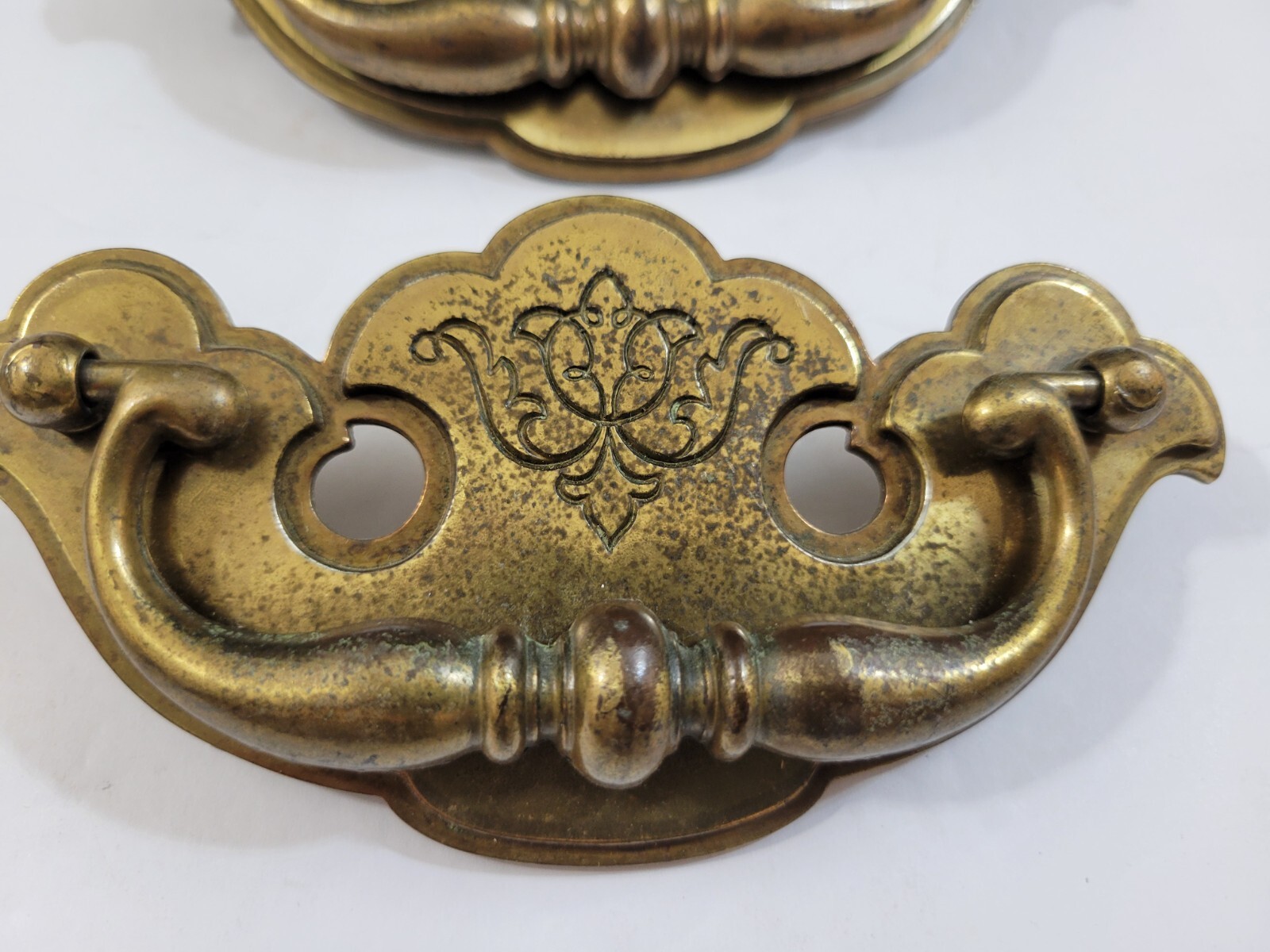 2 Keeler Brass Chippendale Style Brass Bail Drop Drawer Pulls Patina Worn As Is