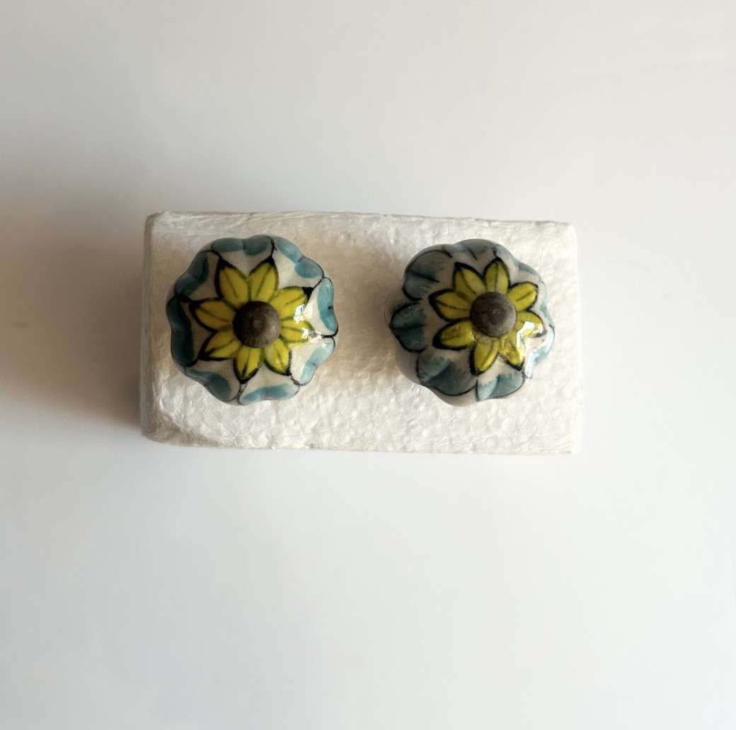Vintage Floral Ceramic Brass Pull Knobs Cabinet Dresser Knobs Drawer