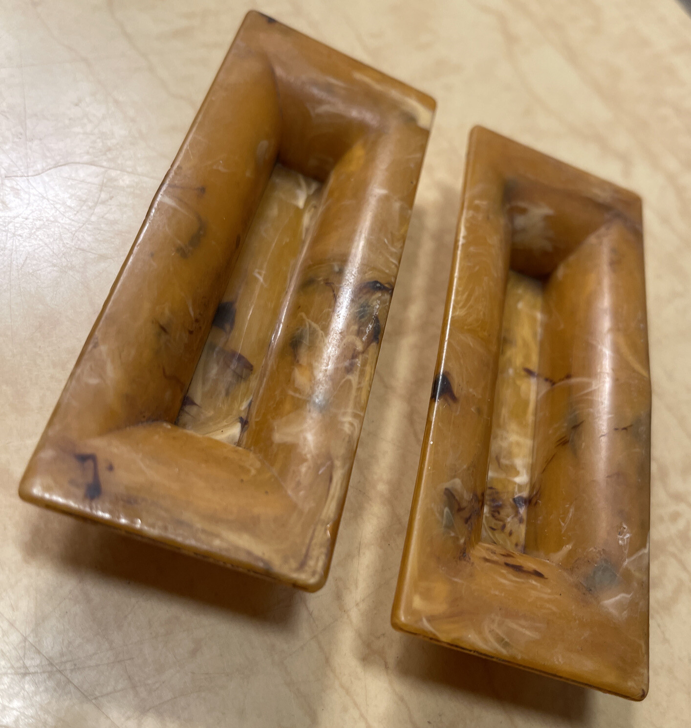 Vintage Celluloid Amber Marbled Drawer Handles Brown White Streaked Rectangular