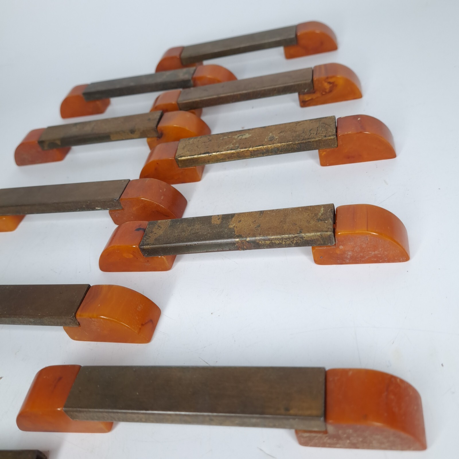 9 Antique ART DECO Butterscotch Bakelite Brass Plated Bar Drawer Pulls Reclaimed