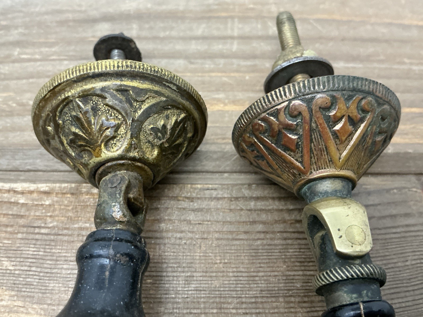 2 Antique Drop Drawer Pulls, Parts Brass Black Wood Teardrop Victorian/Edwardian