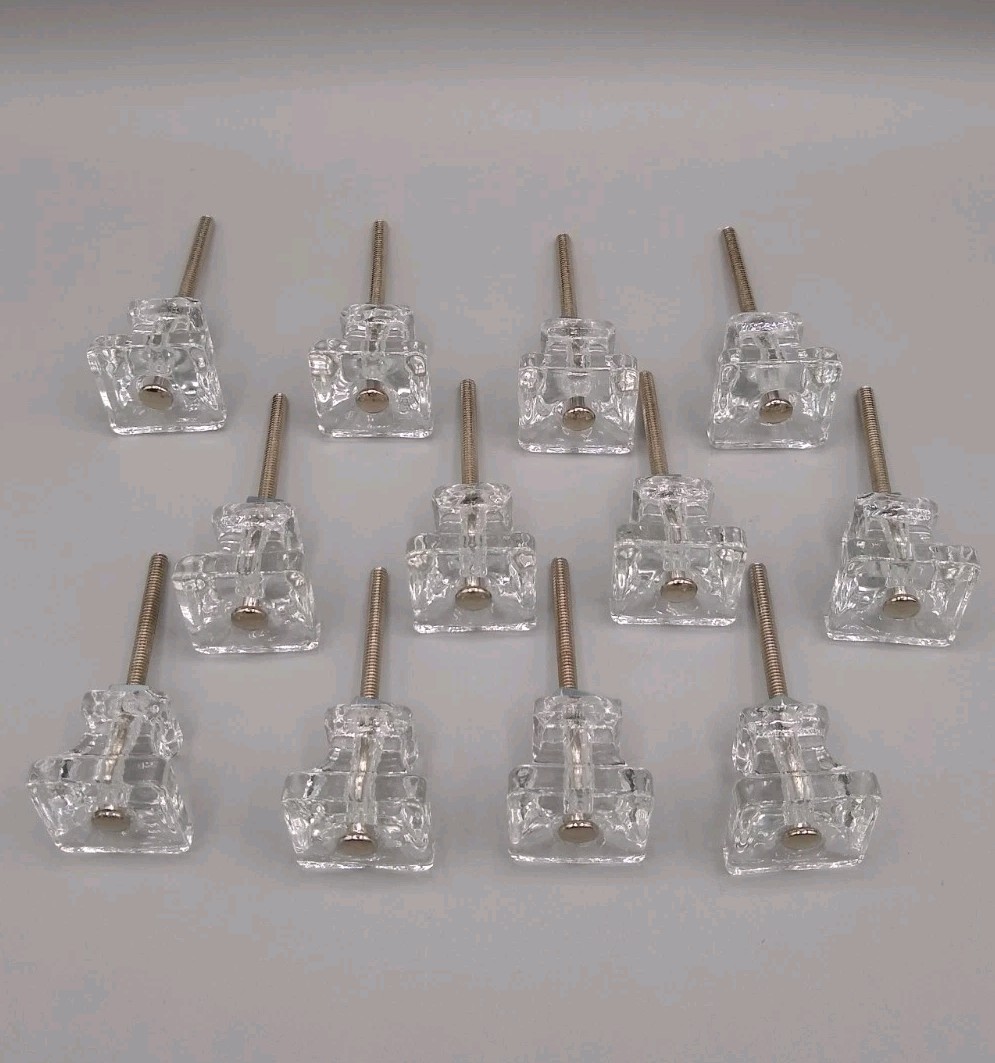 12 Clear Glass 1 1/8″ square Drawer Pull Knobs Furniture Handles modern