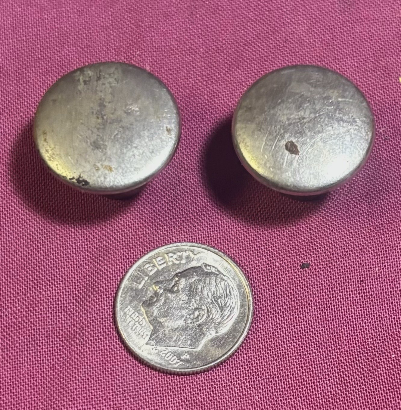 PAIR NICKEL BRASS CIRCA 1920 Dime-Size Drawer Pulls Medical Dental Cabinet Type