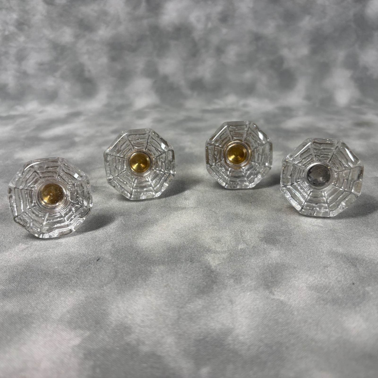Set of 4 Vintage Glass Drawer Knobs Hexagonal Clear with Brass Center Used