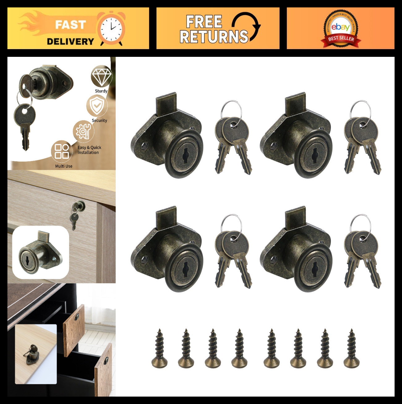 Antique Bronze Desk Cabinet Lock with Keys – 4 Pack Drawer Security Locks