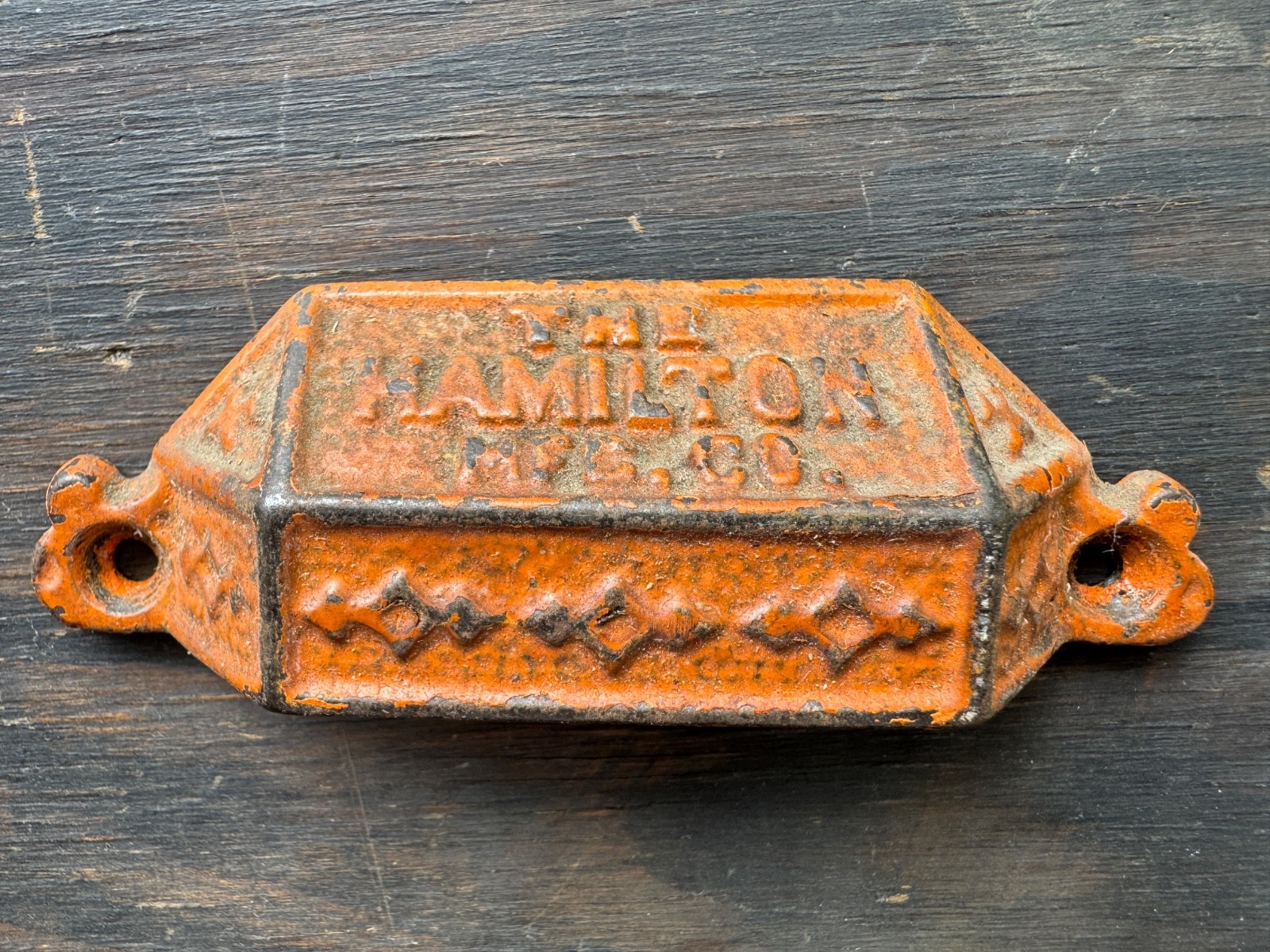 Beautiful Orange Antique cast Iron type tray HANDLE pull THE HAMILTON MFG. CO.
