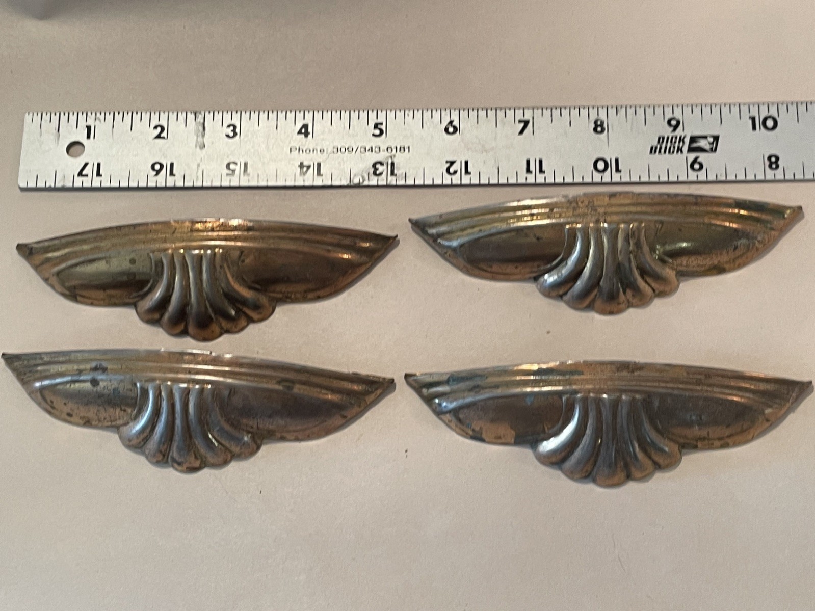 Vintage Art Deco FOUR Drawer Pull Handles Gold Tone Stamped Steel 1925-1940