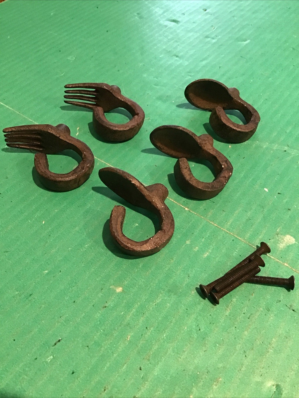 Lot of 5 Vintage Cast Iron Kitchen Fork Spoon Drawer Door Pulls Heavy Unique