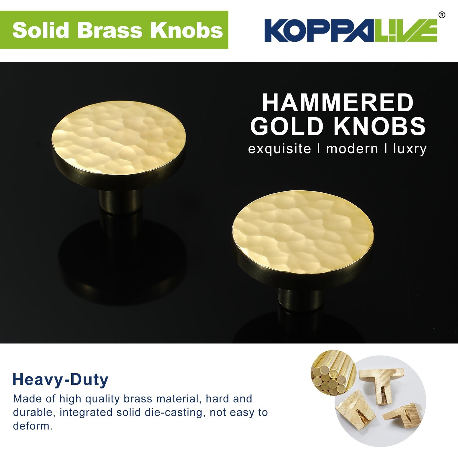 10-Pack Modern Gold Cabinet Knobs, Hammered Solid Brass Drawer Knobs, Round D…