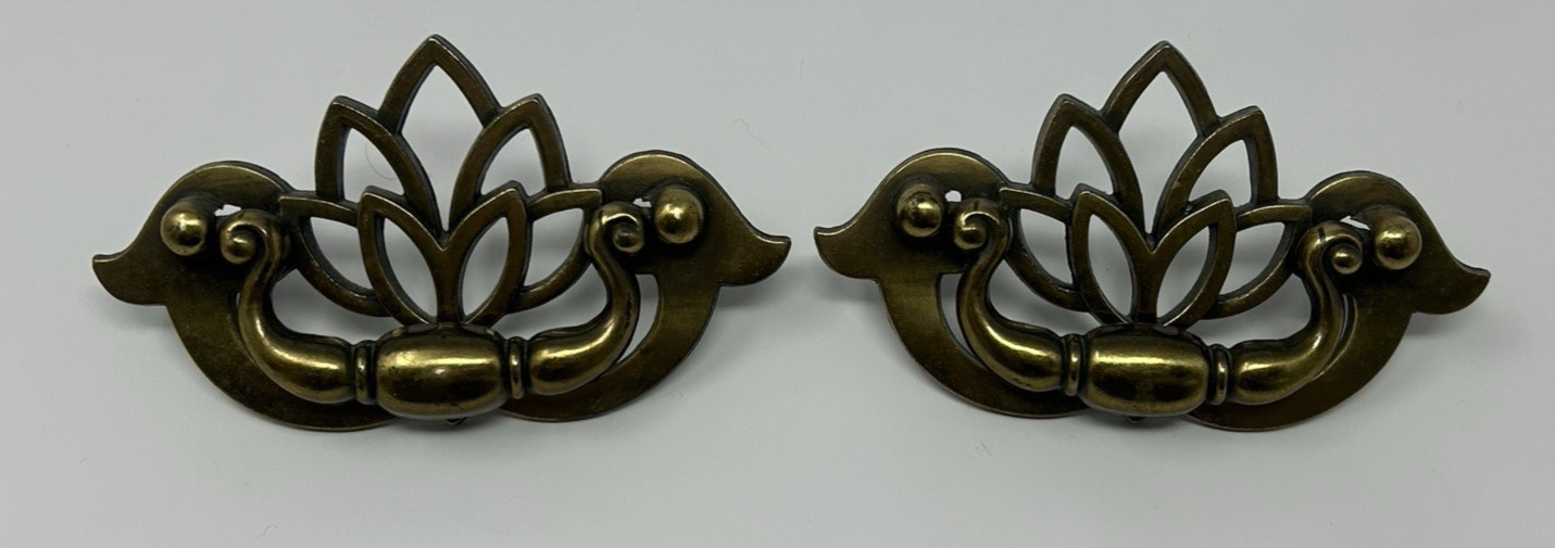 Vintage Chippendale Lotus Style Brass Drawer Pull Bail Handle Gold Traditional