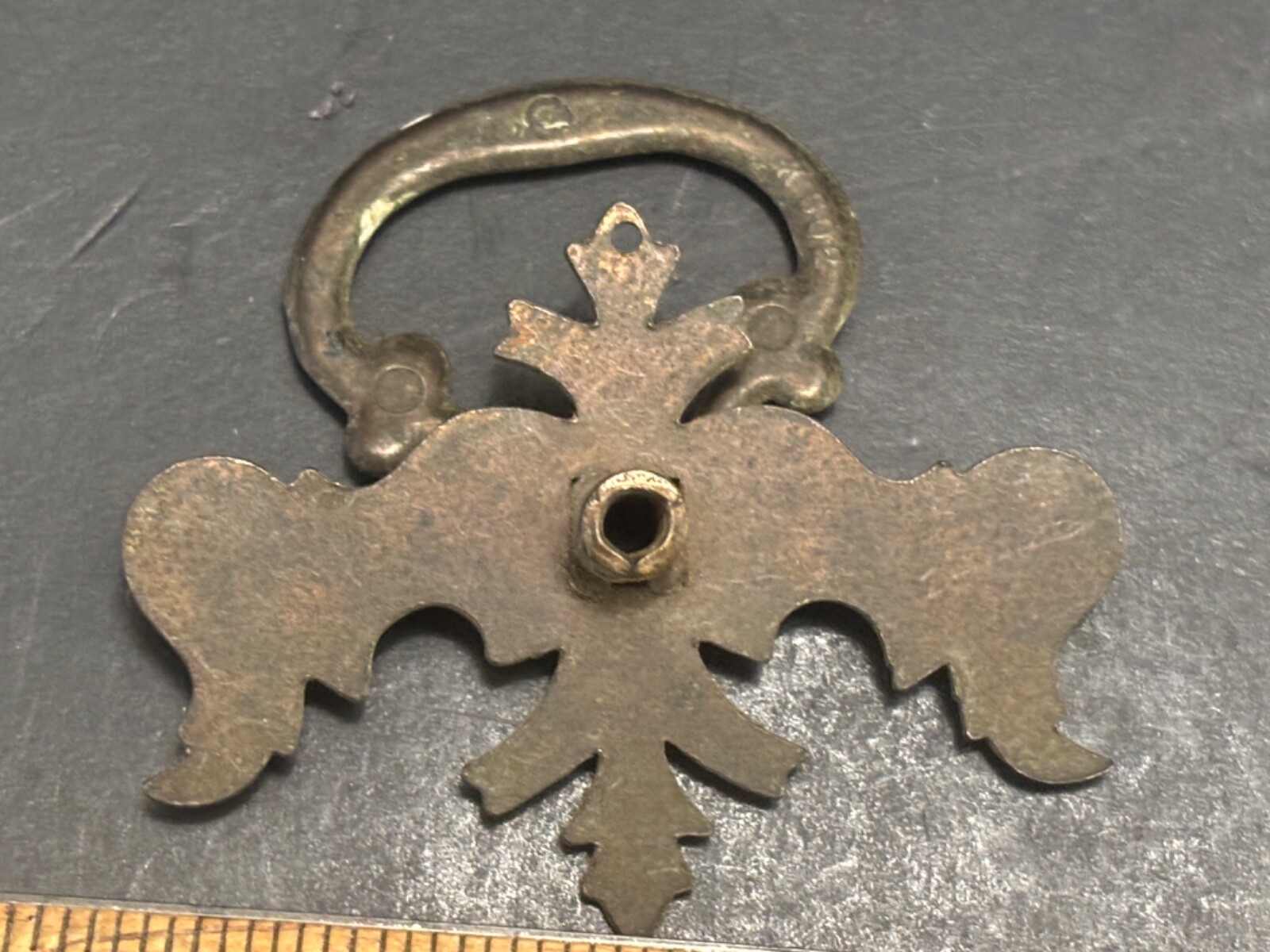 Chippendale Batwing Vintage Stamped Metal Drawer Pull Brass Ring Hardware K602