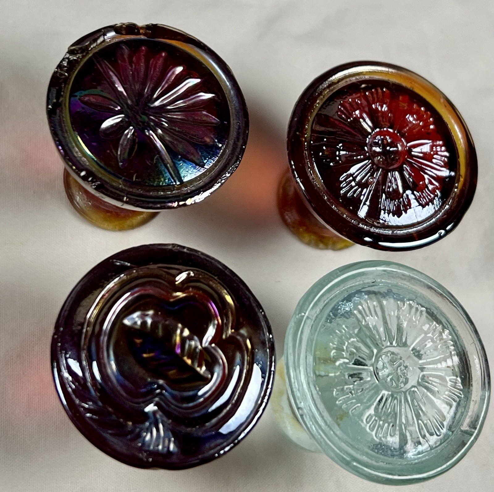 Vintage Glass Cabinet Knobs, 3 reddish Orange, One Greenish Clear,1 1/4 Inch