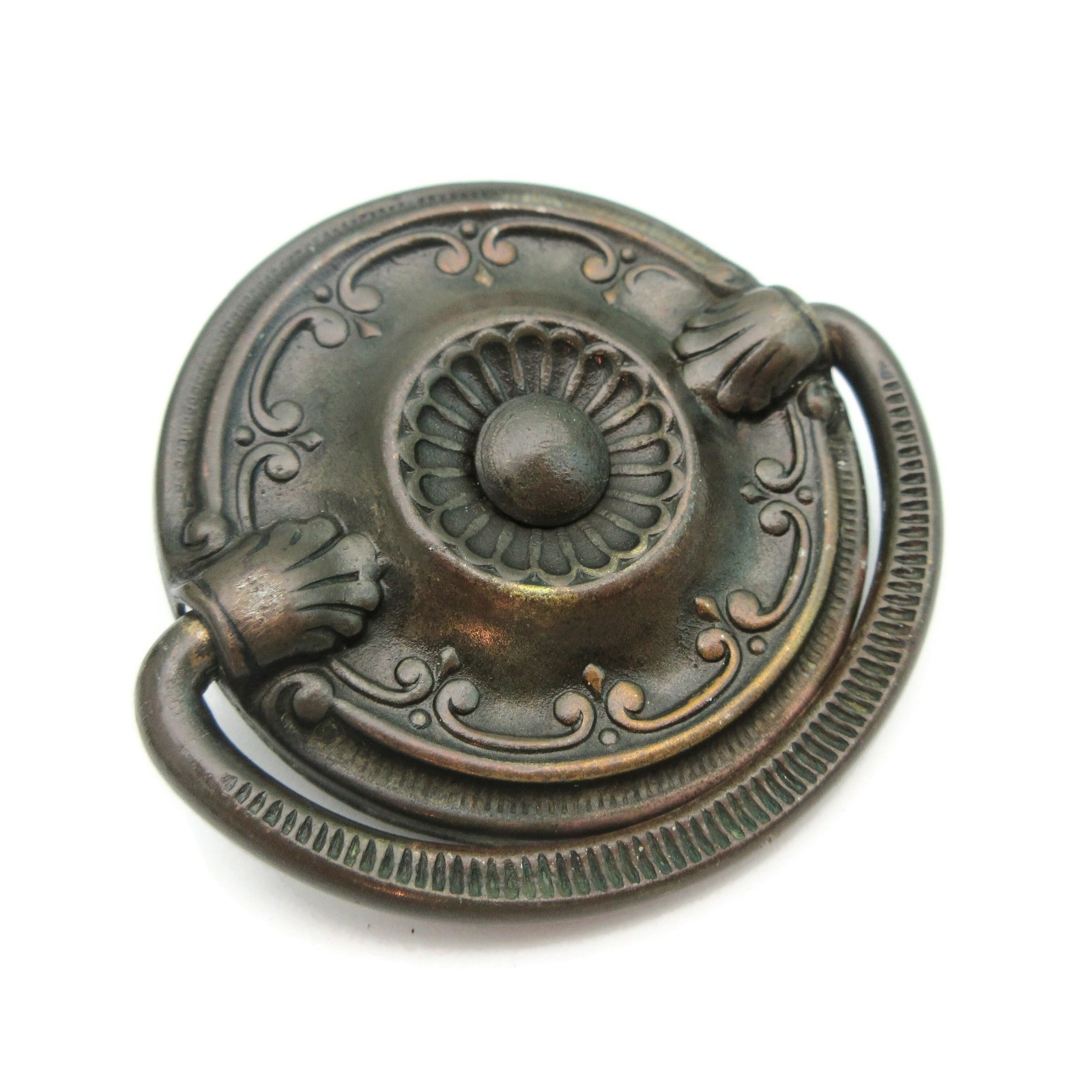 Vintage Ring Drawer Pull Ornate Handle Brass Tone Pressed Metal Round LV13a