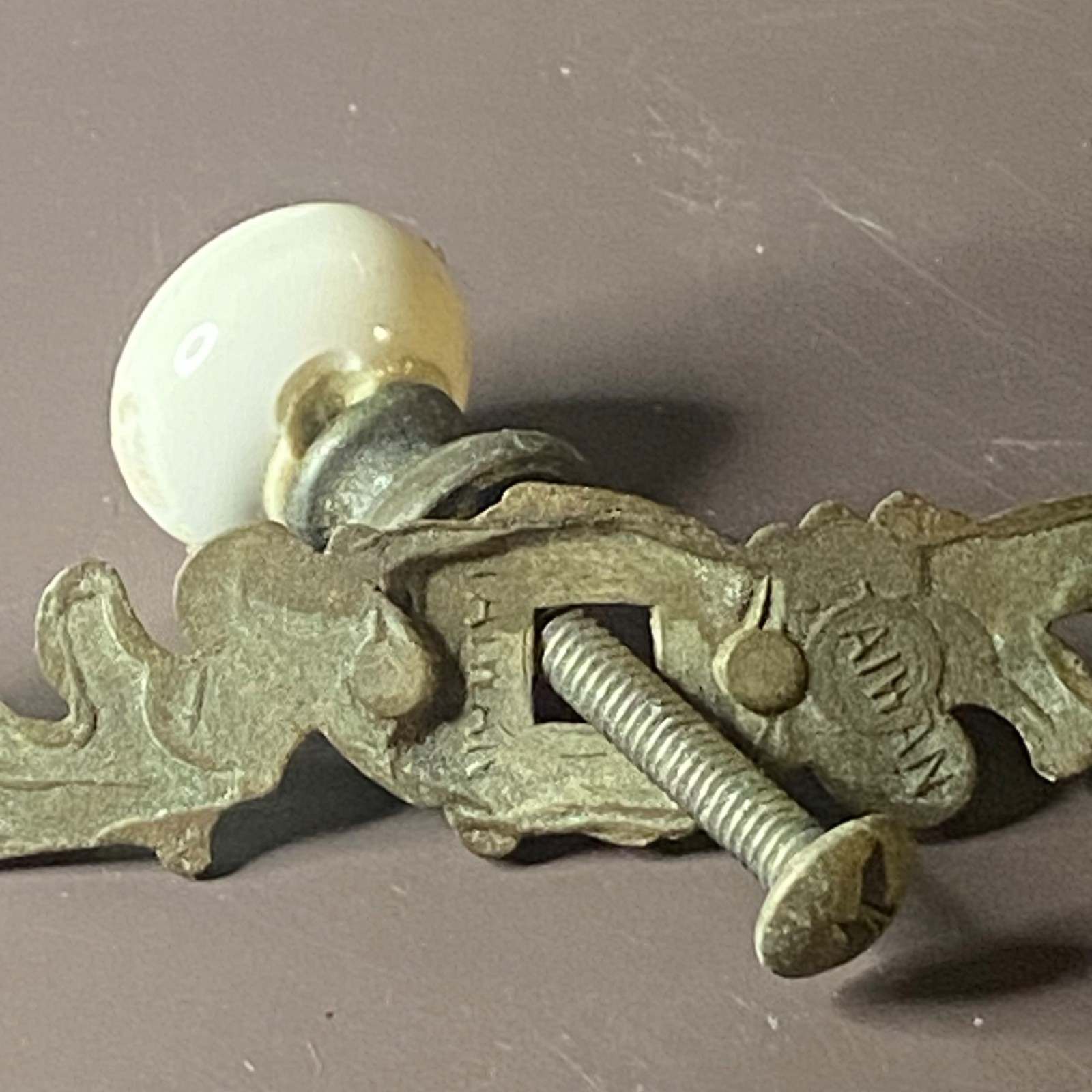 Vintage Metal And Porcelain Knob Ornate Drawer Pull