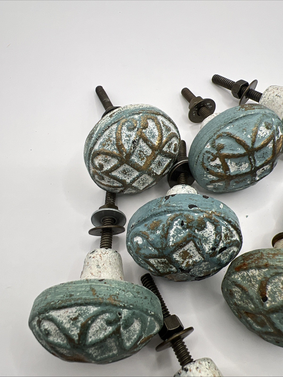 9 Vtg Drawer Pulls Knobs Shabby Distressed Turquoise White Brass Tone Hardware