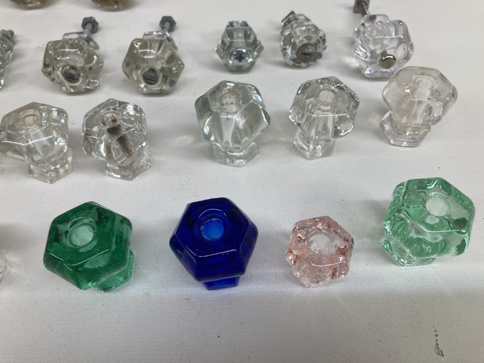 Vintage Lot 45 Salvage Glass Drawer Knobs Pulls Mixed Sizes, Shapes and Colors