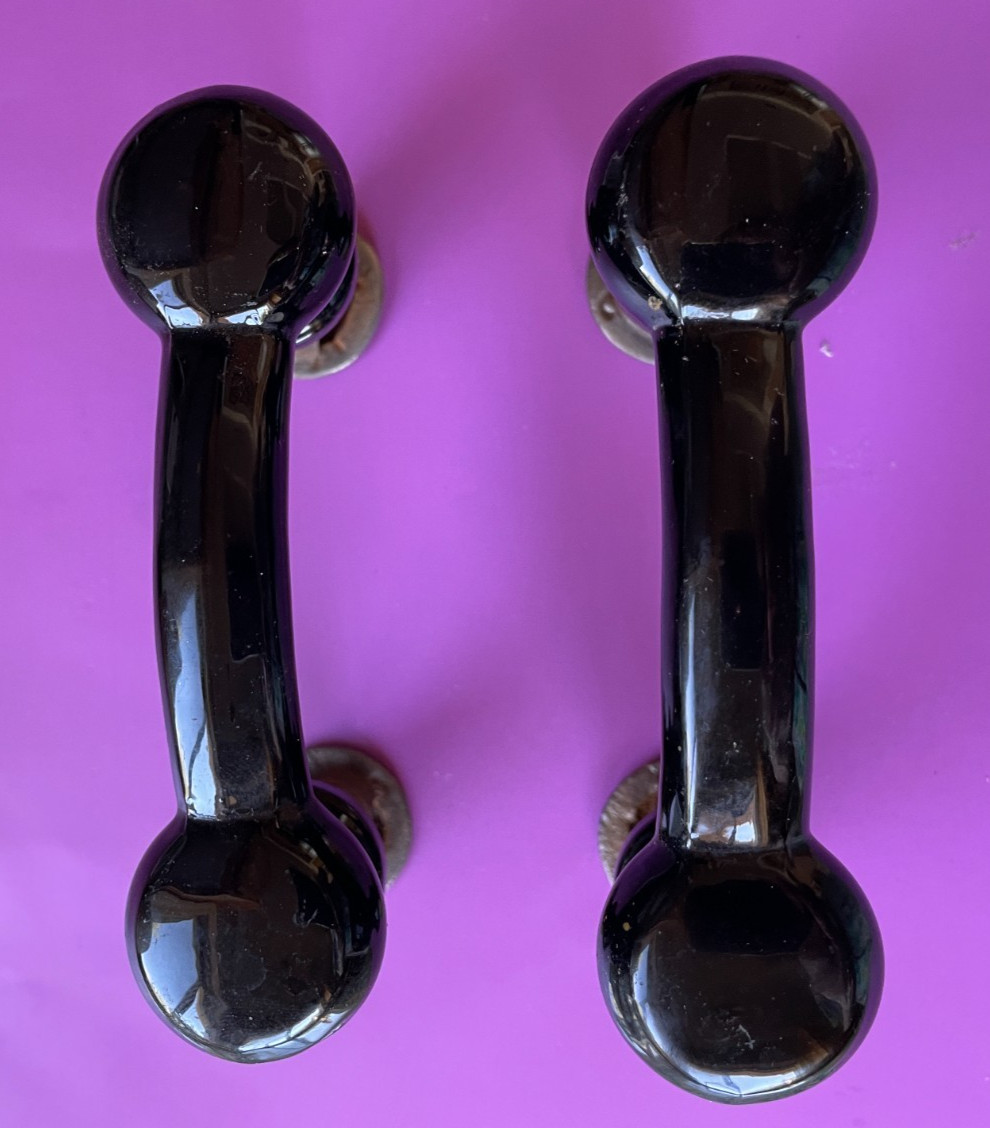 2 Edwardian Eastlake Black Milk Glass Cabinet Pulls w/ Threaded Backs 1920-30s