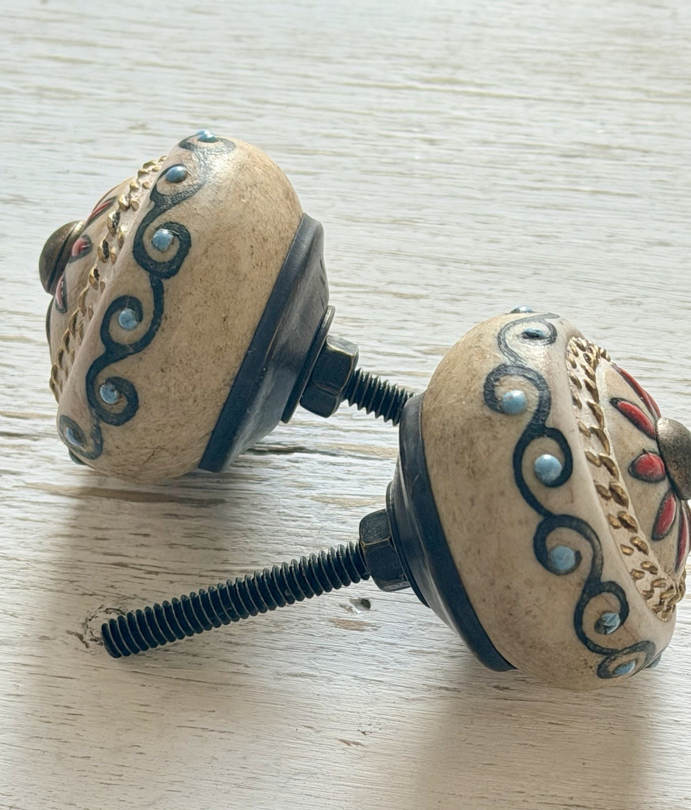 2 Antique Beige Red Floral Medallion Drawer Knob Cabinet Pulls Vintage Style