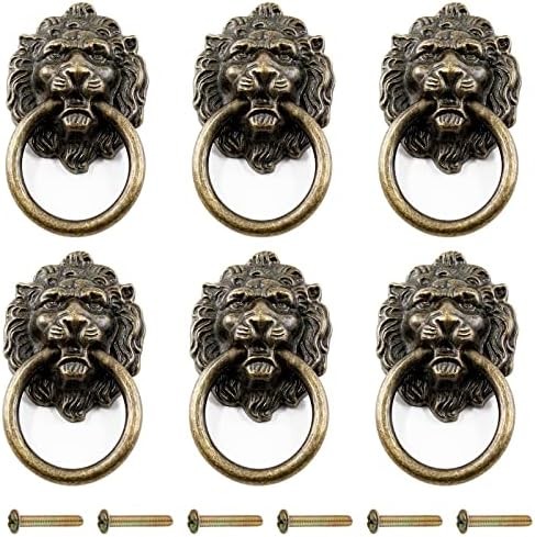 6 Pcs Lion Head Knobs Pull, Antique Bronze | Ring Pull Handles, For Dresser Draw