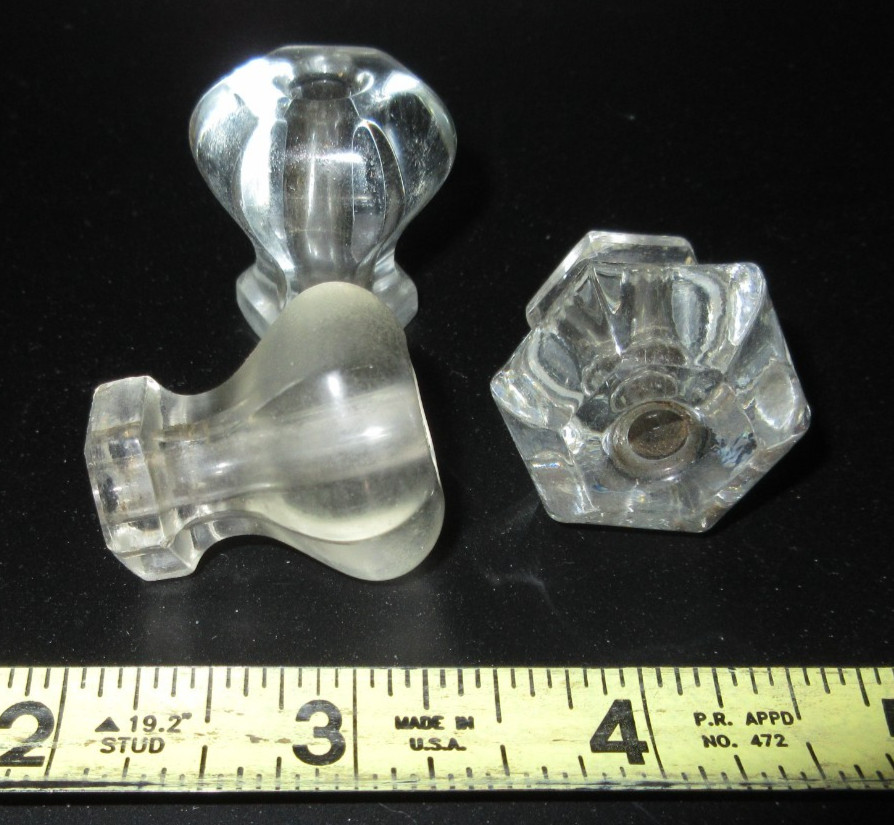 3 Vintage 6 sided Small Glass Crystal Cabinet Knobs Drawer Pulls No Hardware