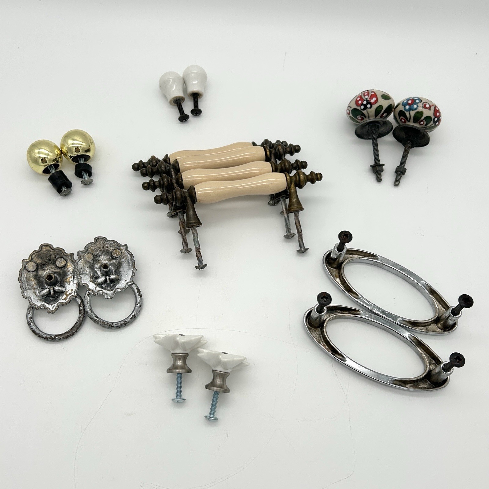 Vintage Drawer Pull Lot 16pc Mixed Sets Brass Chrome Ceramic Knobs Handles
