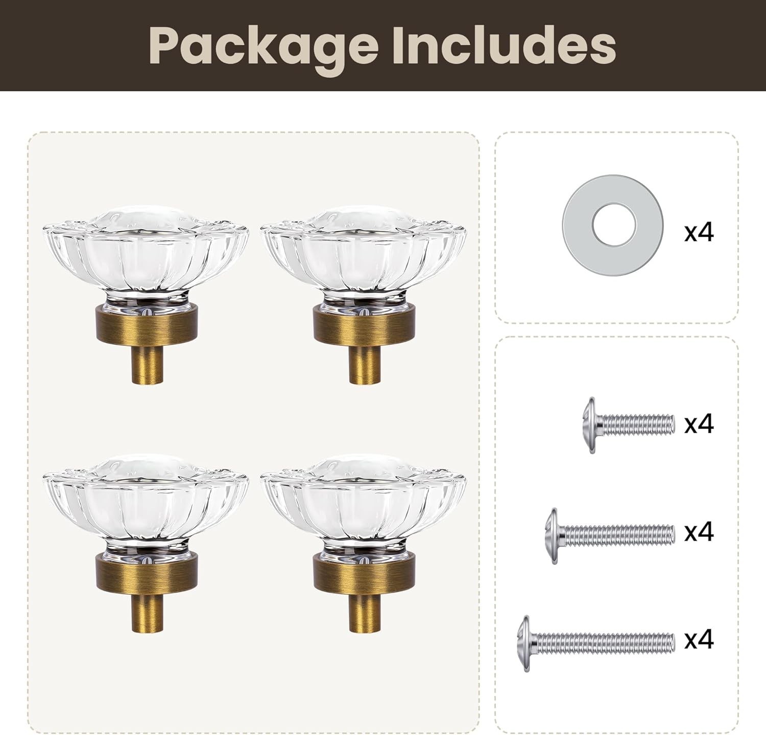 Vintage Antique Brass Crystal Drawer Knobs – 4 Pack