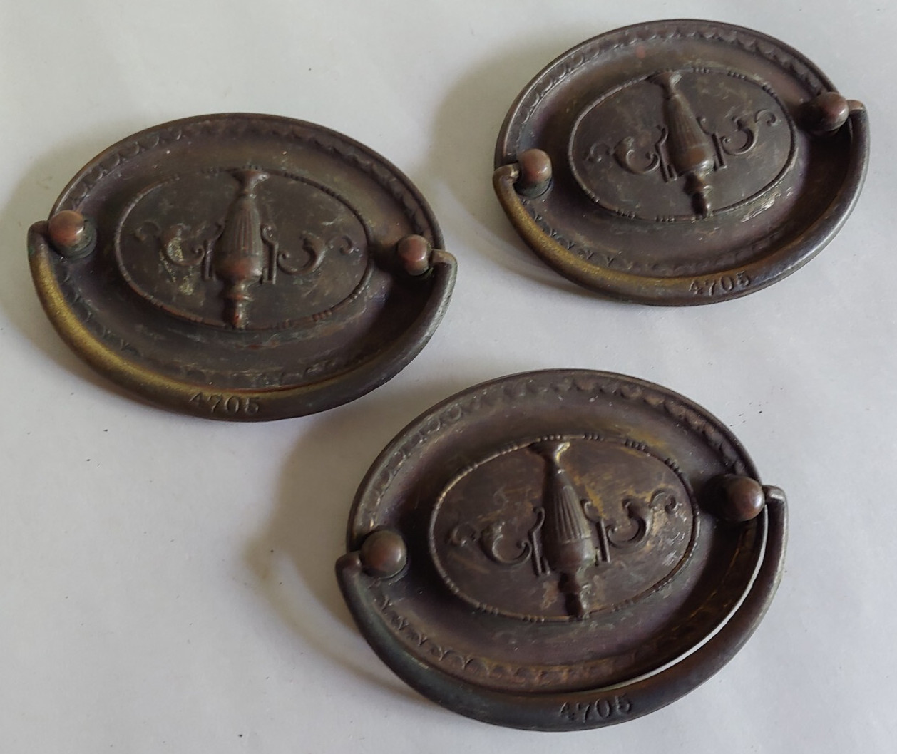 3 VTG/Antique Brass Drop Drawer Pull Oval Backplate Iron Drop Embossed Urn 1920s