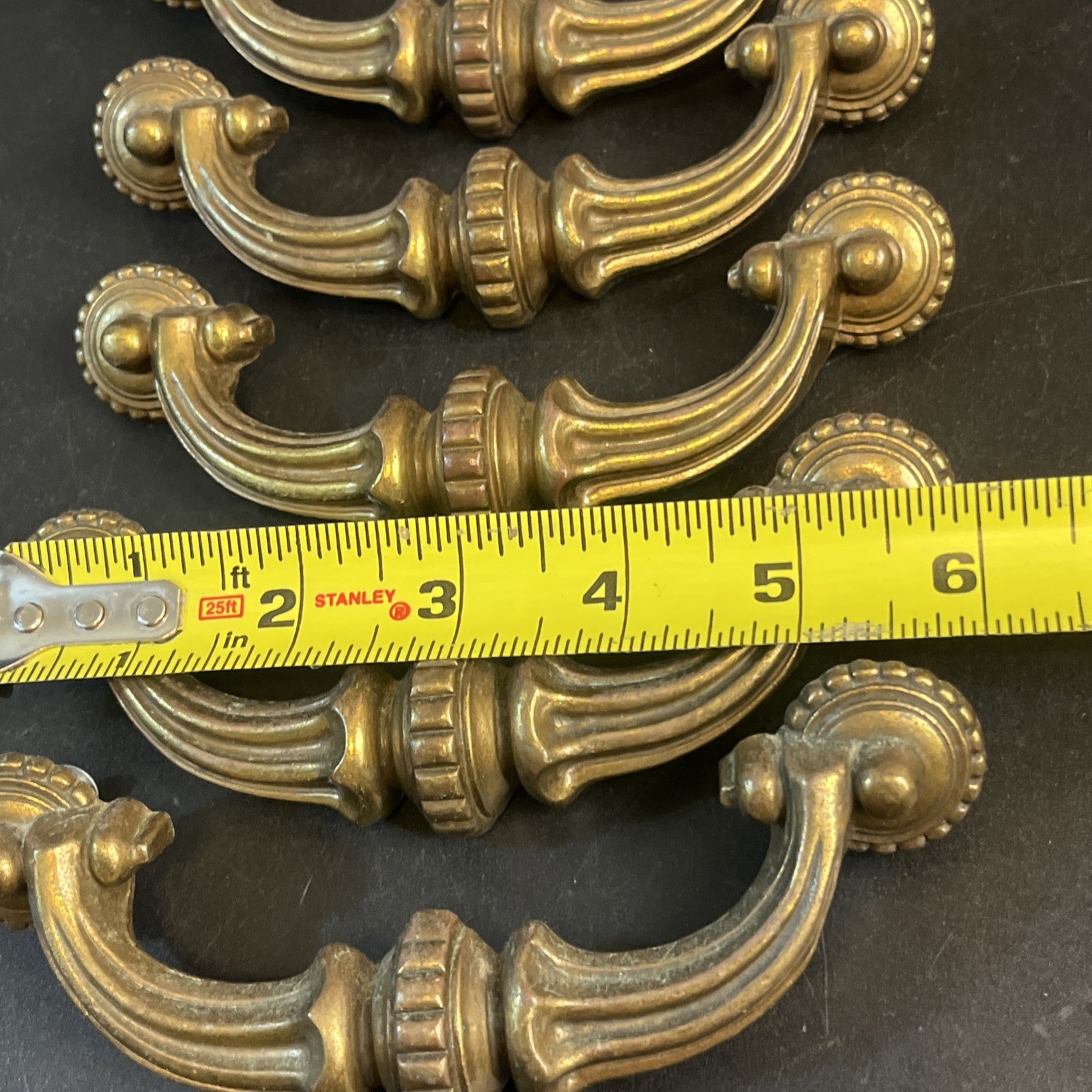 5 Vtg Ornate Solid Brass Drop Bail Pull Dresser Handles Set Hollywood Regency