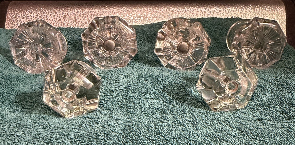 6 small Vintage Clear Glass Cabinet Pulls Knobs Antique 2 Hexagon 4 Octagon