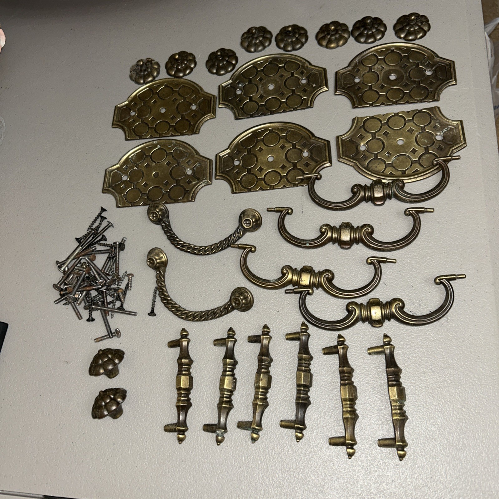 Antique Vintage Parts Lot  Metal Drawer Pulls Flowers And More