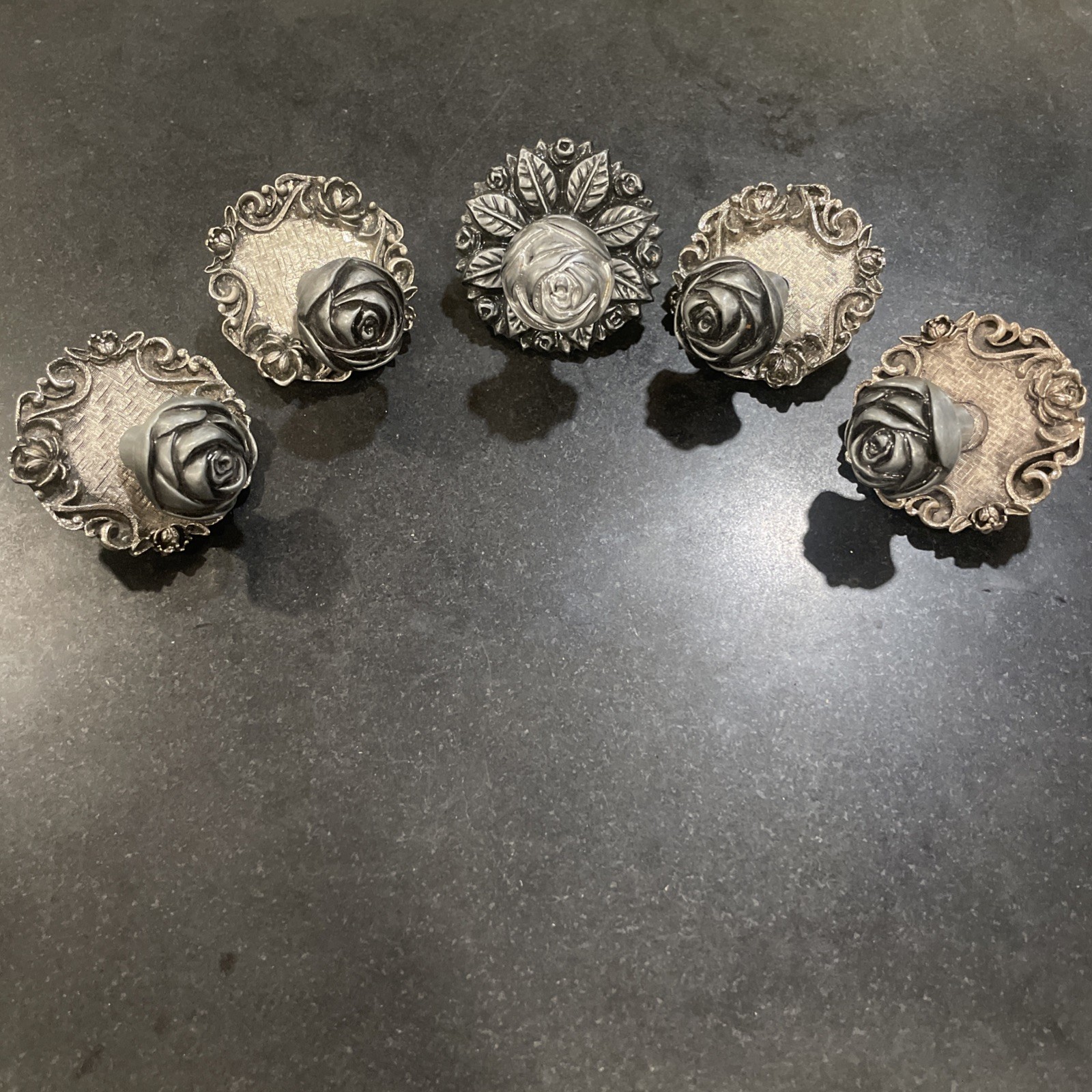 (5) Vtg French Provincial Drawer Dresser Knob Pull Metal Floral Rose 3D Design