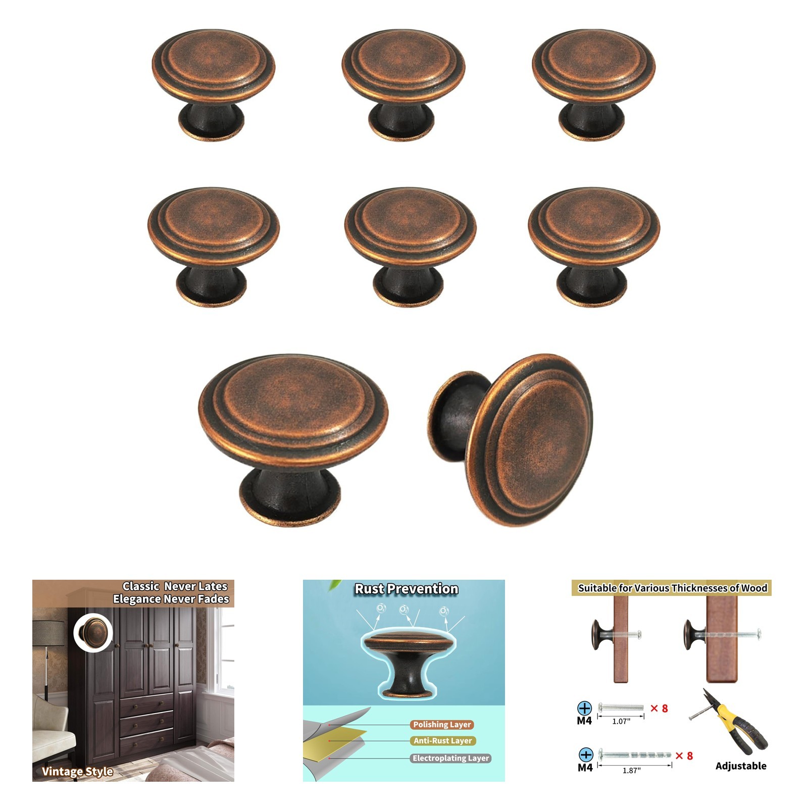 8 Pack Dresser Knobs, Antique Brass Drawer Handles, Closet Knobs for Cabinets