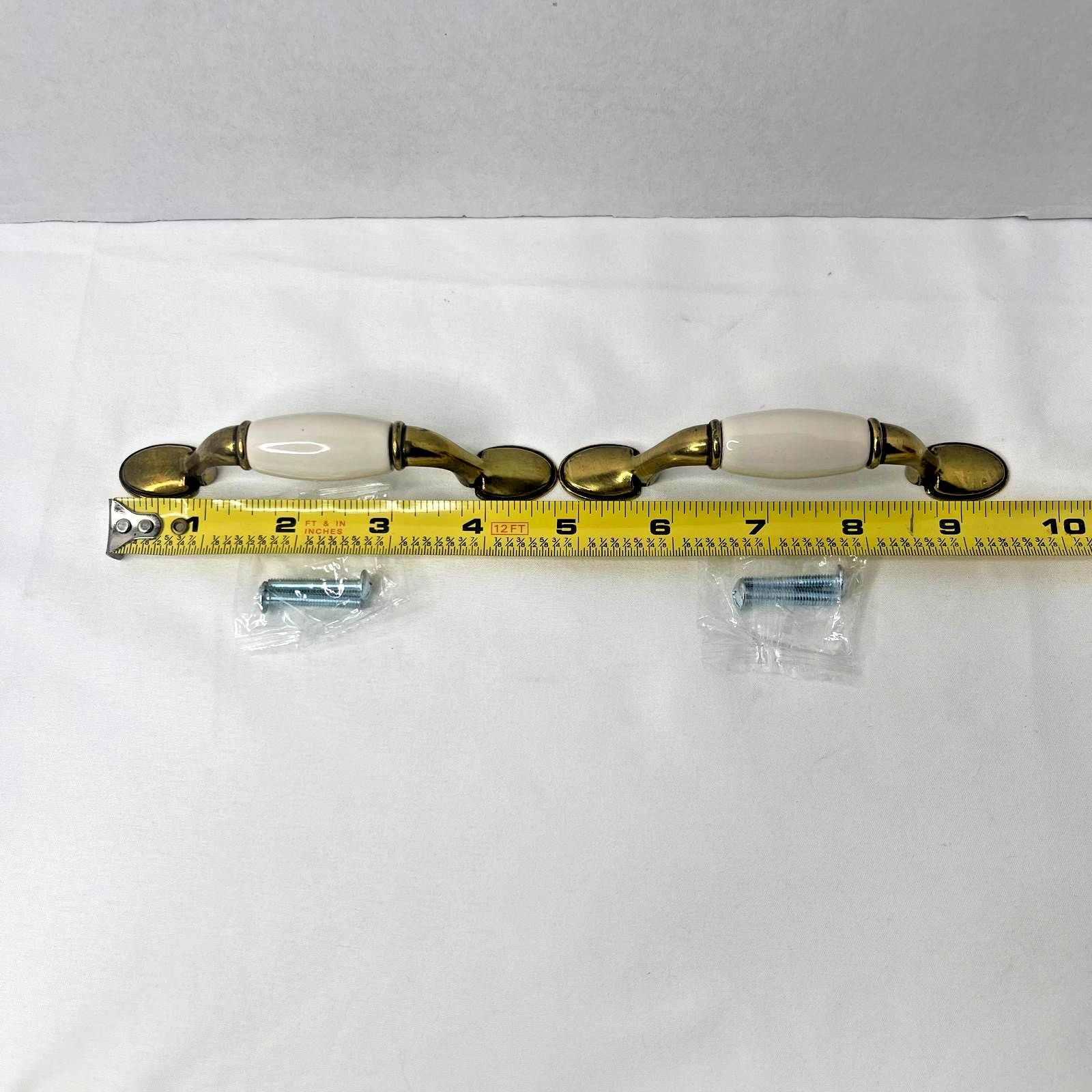Set of 2 Vintage Drawer Pulls Brass & Off- White Ceramic Handles w Screws