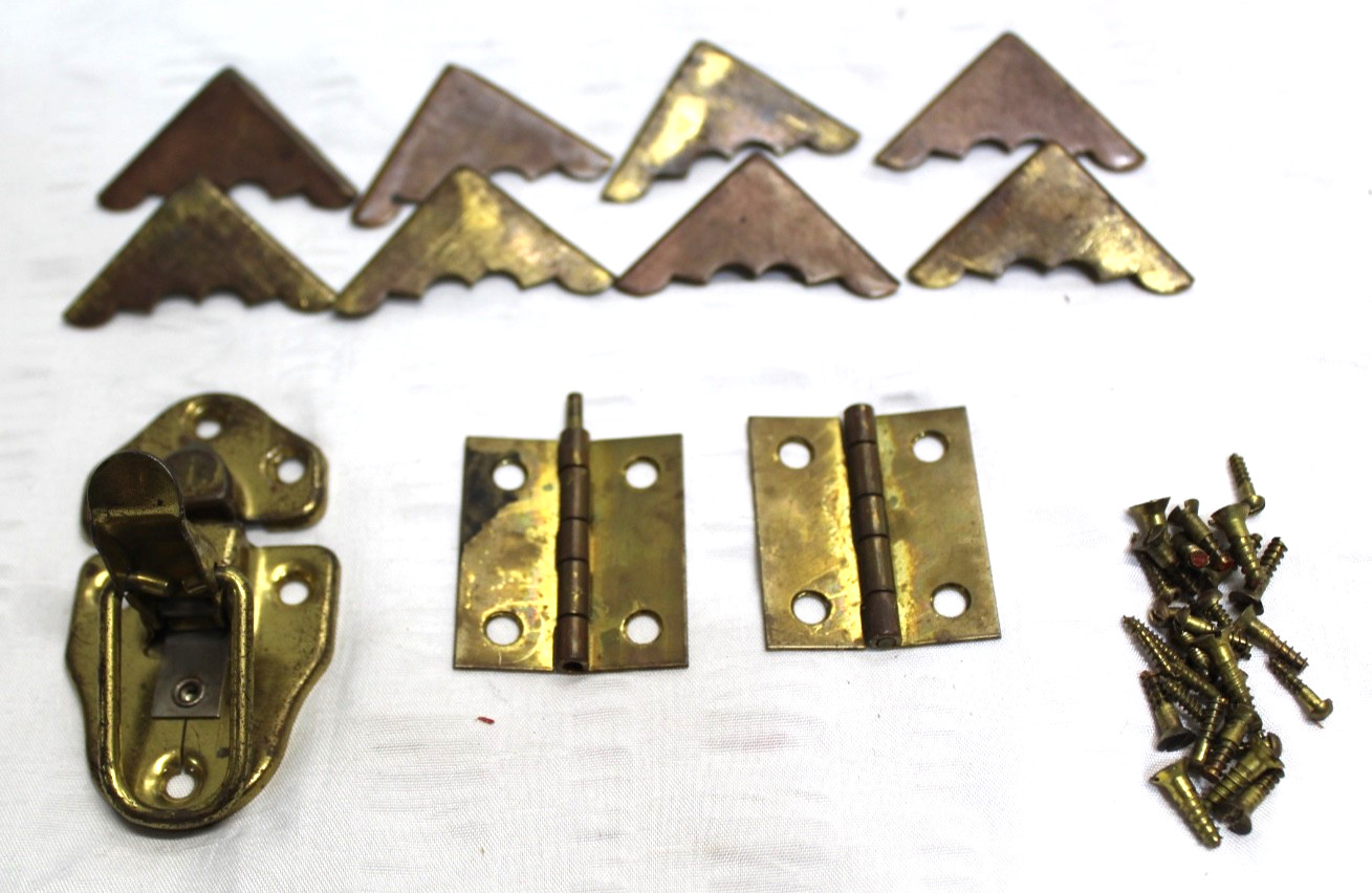 LOT OF Vintage Brass & Steel Jewelry Box Parts Corner Protectors Hinges Screws