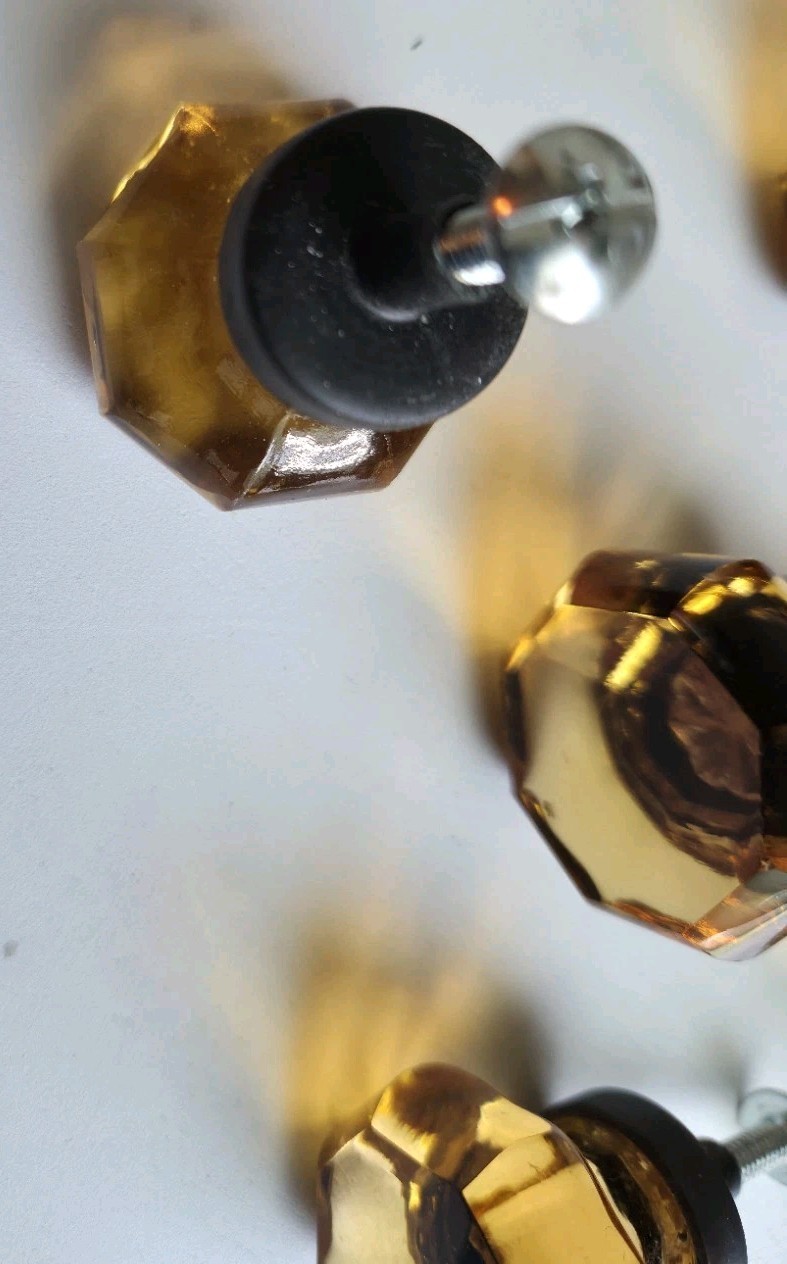 Lot Of 5 Vintage Amber Glass Cabinet/Drawer Knobs Octagon Crystal Dresser Pulls