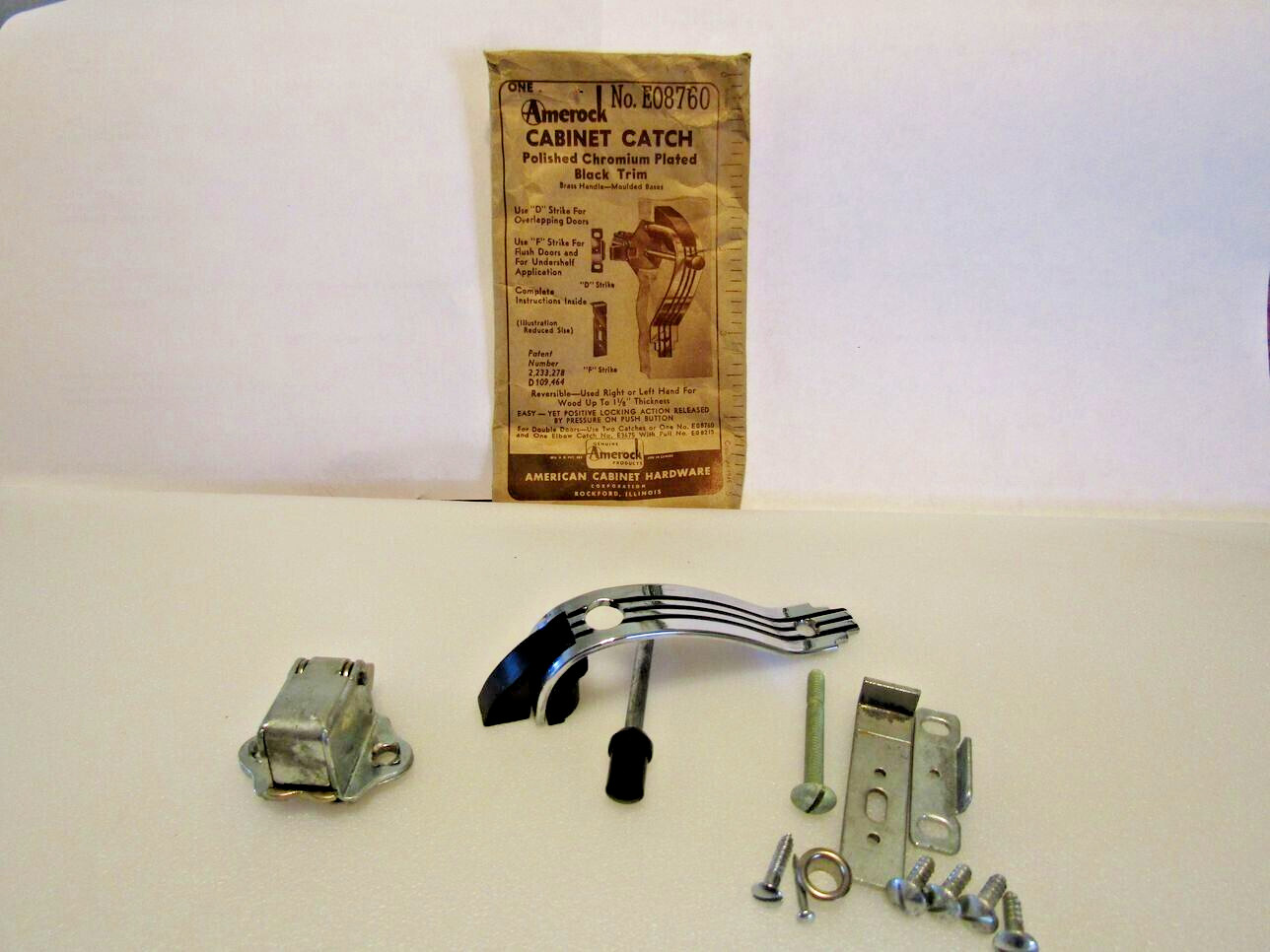 Vtg Nos Chrome Cabinet Door Push Button Latch Pull 3 Black Lines Amerock E08760
