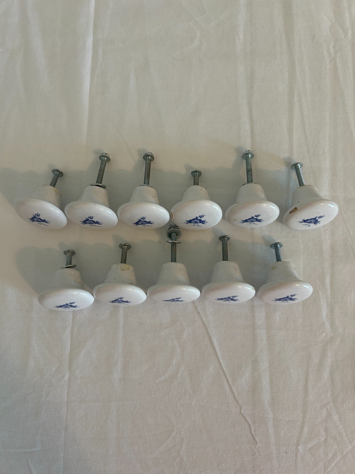 Vintage Porcelain Cabinet Knobs with Blue Floral Design Drawer Pulls Set of 11