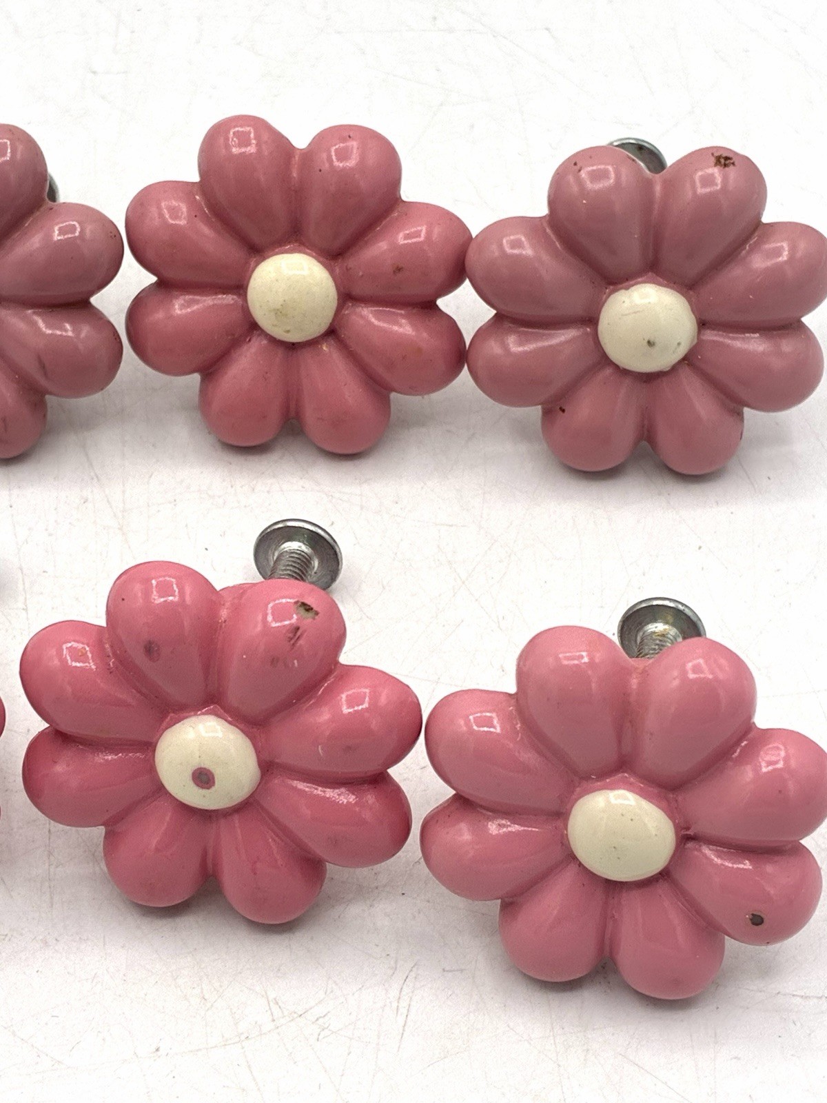 Set of 6 Pink Daisy Flower Drawer Knobs Cabinet Pulls Resin Hardware with Screws