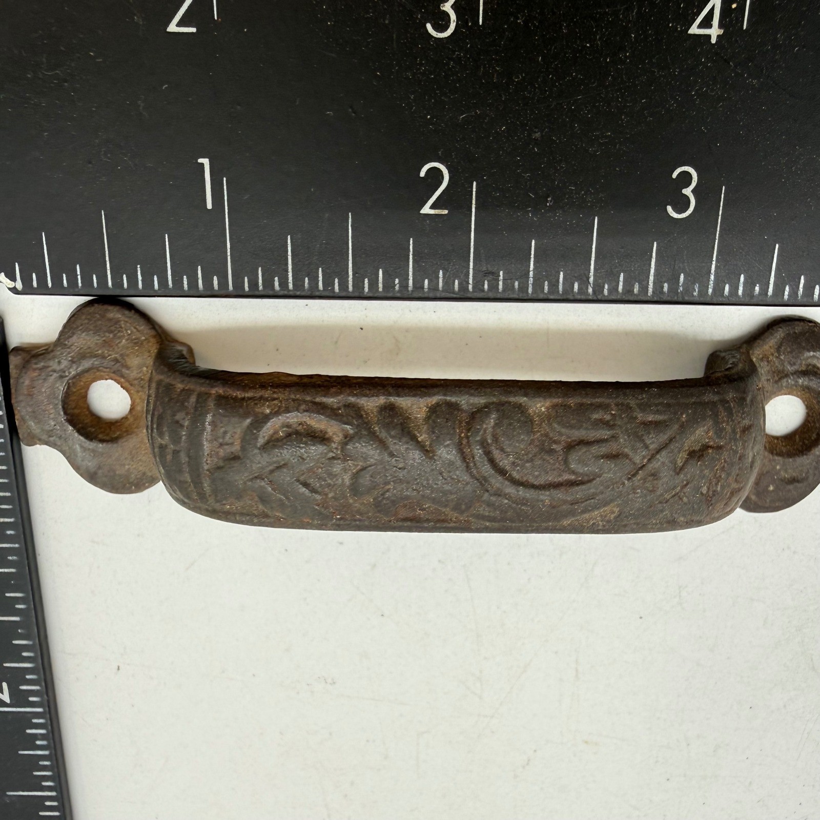 Antique windsor sash pull Cast Iron Ornate Scroll Drawer Handle Rusted Patina 4″
