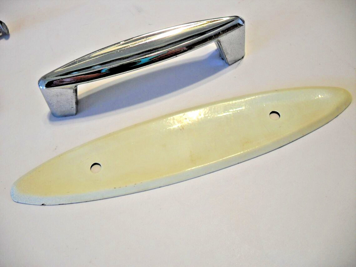 Vintage Chrome Concave Drawer Pull Cabinet Door Handle w White Backplate Ajax
